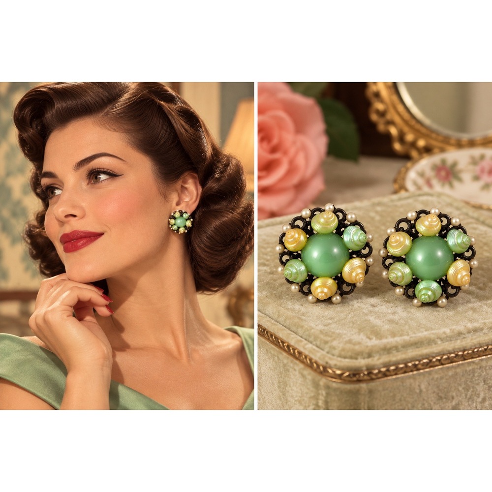 Vintage 1950s Seashell Screw Back Earrings Womens Green Shell Faux Pearl Kitsch